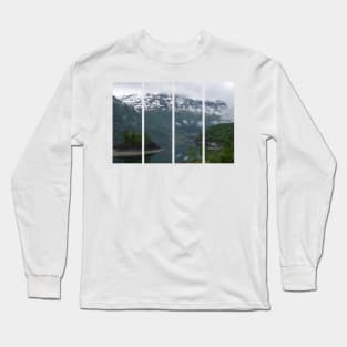 Wonderful landscapes in Norway. Vestland. Beautiful scenery of an island in the Roldalsvatnet lake. Snowed mountains and trees on rocks in background. Cloudy day Long Sleeve T-Shirt